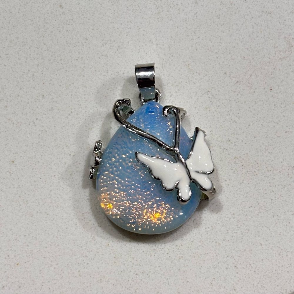 Opalescent Blue Teardrop Butterfly Pendant Silver Tone NWOT
